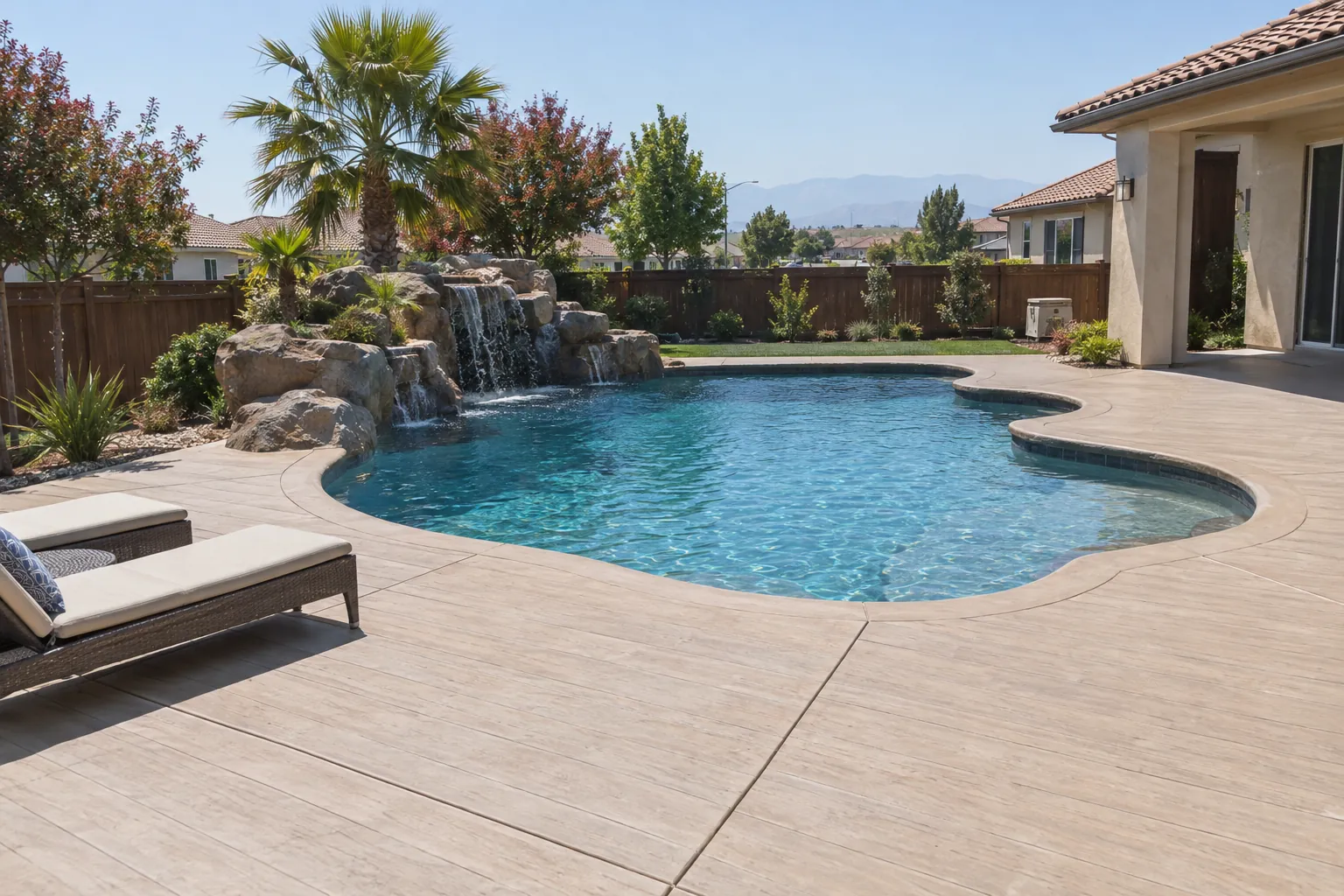 New concrete pool deck around a backyard pool in Clovis, CA